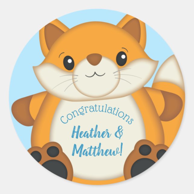 Pegatina Redonda Fox Baby Shower Blue (Anverso)