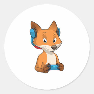 Pegatina Redonda Fox como Gamer con Joystick
