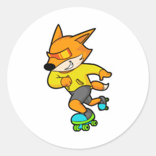 Pegatina Redonda Fox como patinador con patines de rodillos