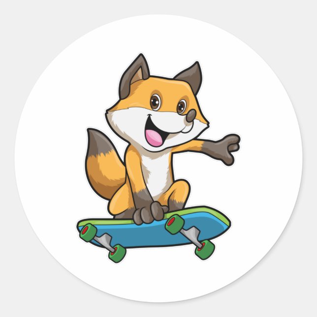 Pegatina Redonda Fox como Skater con Skateboard (Anverso)