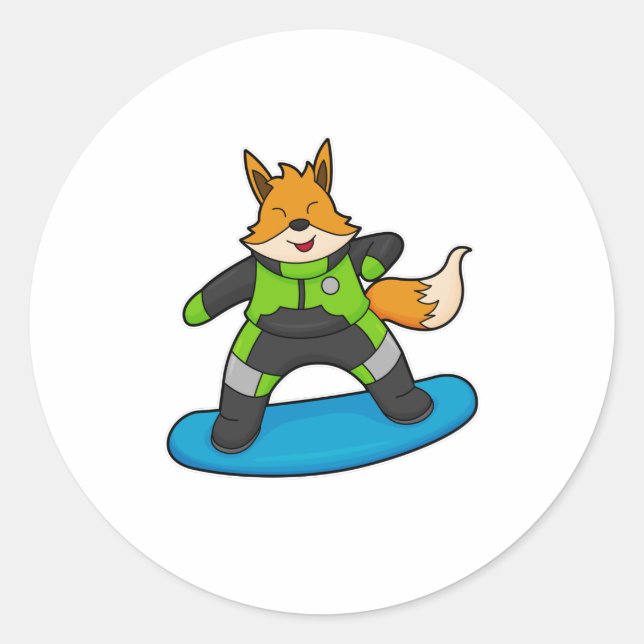 Pegatina Redonda Fox como Snowboarder con Snowboard (Anverso)