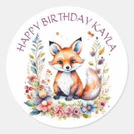 Pegatina Redonda Fox de Bebé en Flores Feliz cumpleaños personaliza