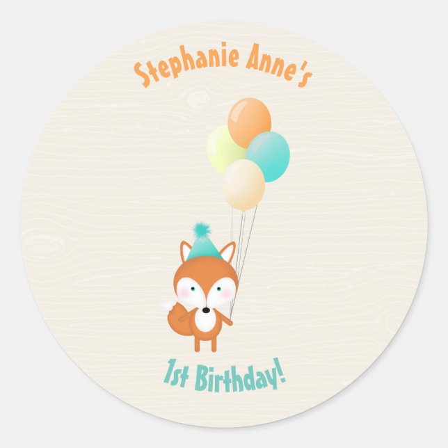Pegatina Redonda Fox de Woodland con globos (Anverso)