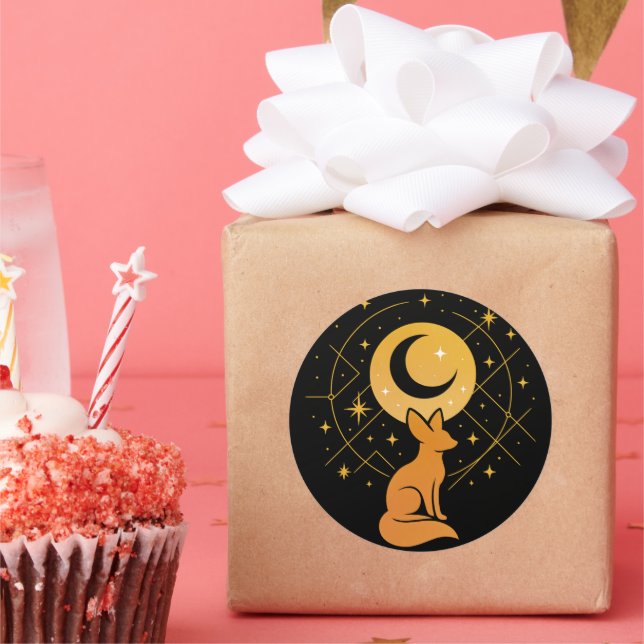 Pegatina Redonda Fox del Desierto Celeste - Luna y Estrellas Cósmic (Fiesta)