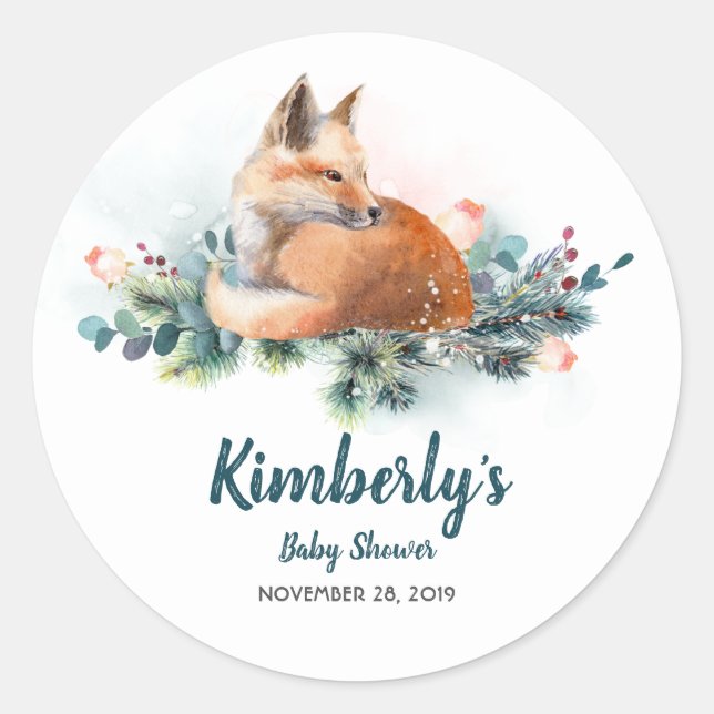 Pegatina Redonda Fox e Winter Woodland Baby Shower (Anverso)