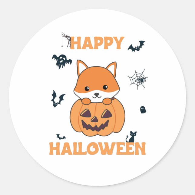 Pegatina Redonda Fox En Calabaza Sweet Foxes Feliz Halloween (Anverso)