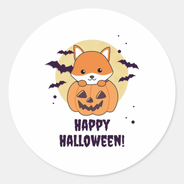 Pegatina Redonda Fox En Calabaza Sweet Foxes Feliz Halloween (Anverso)