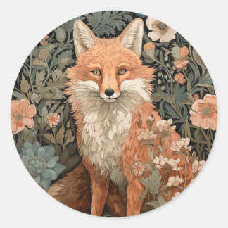 Pegatina Redonda Fox en el jardín de otoño estilo William Morris