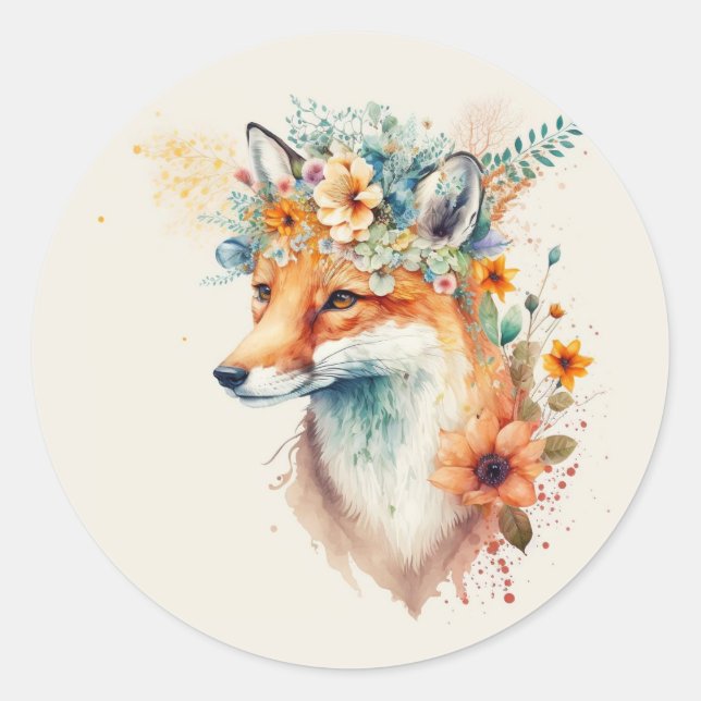 Pegatina Redonda Fox Flower Crown Watercolor         (Anverso)