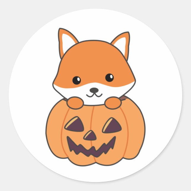 Pegatina Redonda Fox In Pumpkin Sweet Foxes Happy Halloween Classic (Anverso)