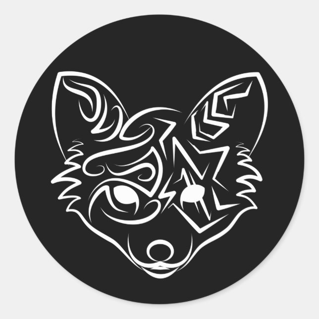 Pegatina Redonda Fox tribal negra y blanca (Anverso)