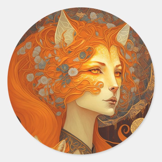 Pegatina Redonda Fox Woman Fantasy Art (Anverso)