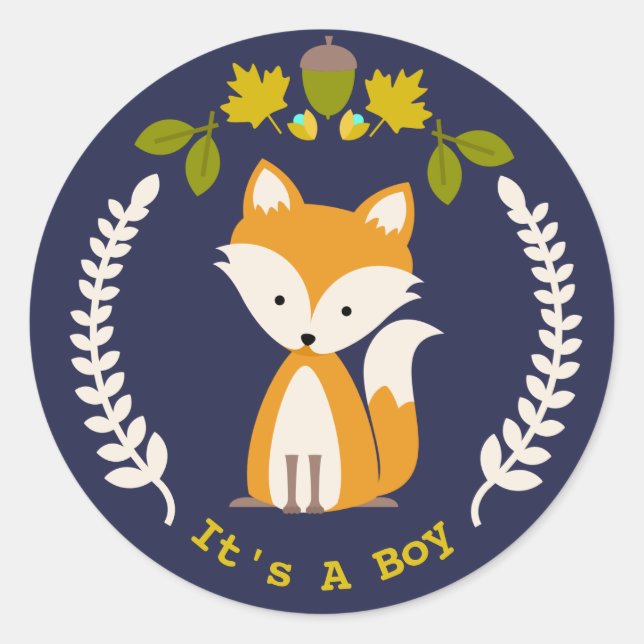 Pegatina Redonda Fox Wreath Boy Baby Shower (Anverso)