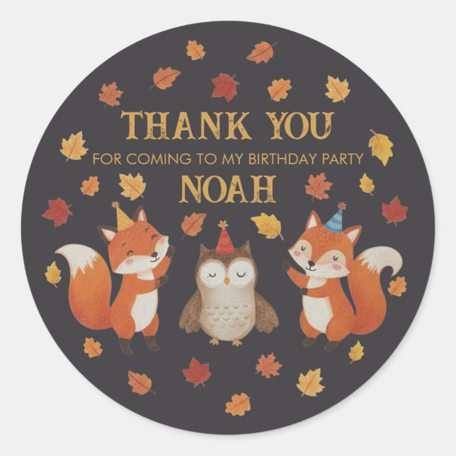 Pegatina Redonda Foxes and Owl Woodland Fall Kids Birthday Sticker (Anverso)