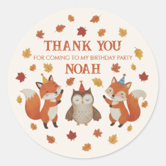 Pegatina Redonda Foxes and Owl Woodland Fall Kids Birthday Sticker