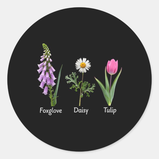 Pegatina Redonda Foxglove Daisy Tulip Floral (Anverso)