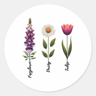 Pegatina Redonda Foxglove Daisy Tulip Floral