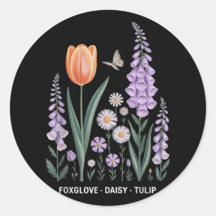 Pegatina Redonda Foxglove Daisy Tulip Floral Nature Art