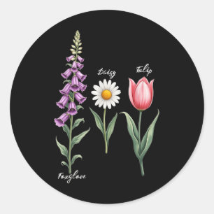 Pegatina Redonda Foxglove Daisy Tulip Flower Design Floral Chica Ma