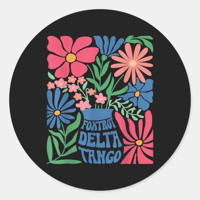 Pegatina Redonda Foxtrots Deltas Tangos Flor Boho (Anverso)