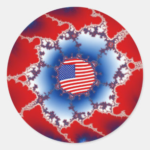 Pegatina Redonda Fractal de bandera estadounidense blanca y azul
