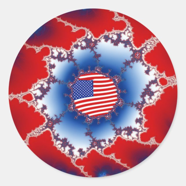 Pegatina Redonda Fractal de bandera estadounidense blanca y azul (Anverso)