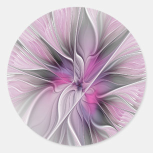 Pegatina Redonda Fractal floral moderno abstracto flor rosa gris