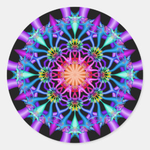 Pegatina Redonda Fractal Kaleidoscope Flores arcoiris