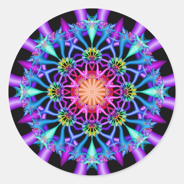 Pegatina Redonda Fractal Kaleidoscope Flores arcoiris (Anverso)
