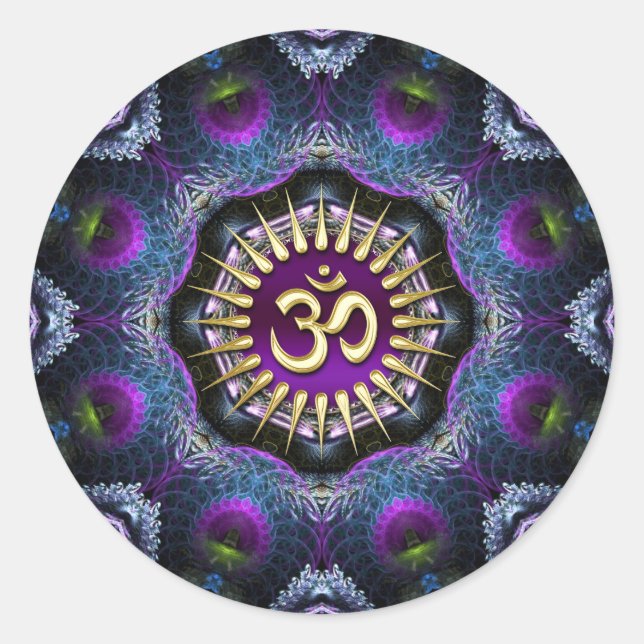 Pegatina Redonda Fractales rosa morado OM Shield Art (Anverso)