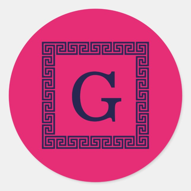 Pegatina Redonda Frambuesa, llave griega azul de la marina #1 monog (Anverso)