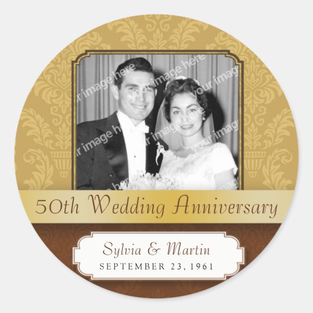 Pegatina Redonda Framed Damask Golden 50° aniversario (Anverso)