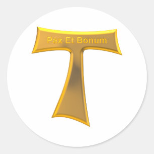 Pegatina Redonda Franciscan Tau Cross Pax Et Bonum Gold Metallic