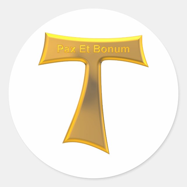 Pegatina Redonda Franciscan Tau Cross Pax Et Bonum Gold Metallic (Anverso)