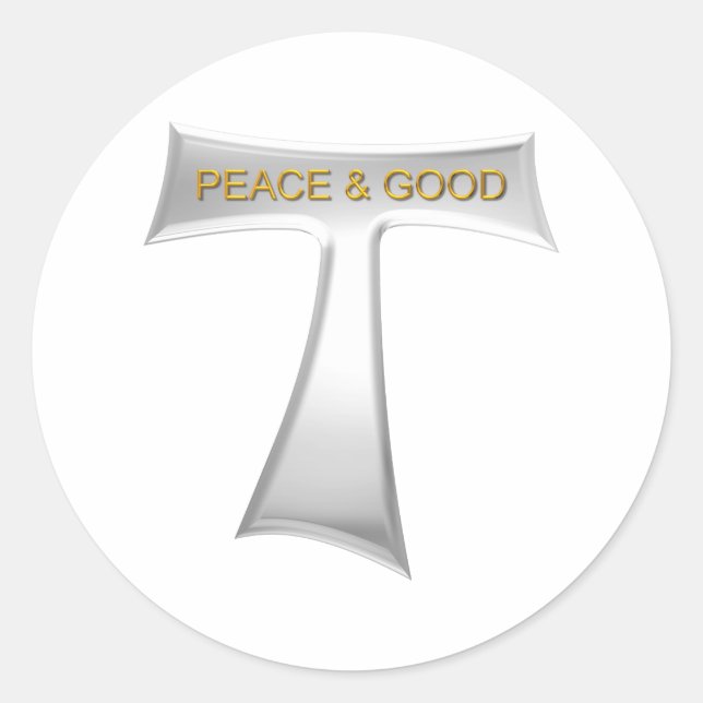 Pegatina Redonda Franciscan Tau Cross Peace y Good Silver & Gold (Anverso)