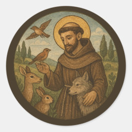 Pegatina Redonda Francisco de Asís patrono de los animales