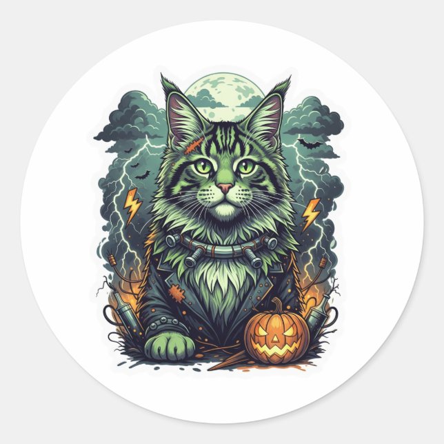 Pegatina Redonda FrankenCoon - Halloween de Maine Coon (Anverso)