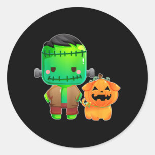 Pegatina Redonda Frankenstein y Halloween del perro de calabaza