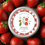 Pegatina Redonda Frasco de mason casero de fresa vintage<br><div class="desc">Estilo de campo Color del agua pintado a mano Personalizado Etiqueta de tarro de fresa con borde de gingham rojo y blanco. Usa tu mermelada casera o lo que quieras. Hace un gran regalo. Rellene su información en etiqueta y disfrute.</div>