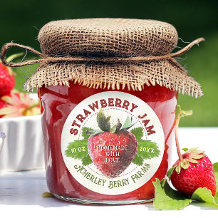 Pegatina Redonda Frasco de Mermelada de Fresa Conservas de Frutas P