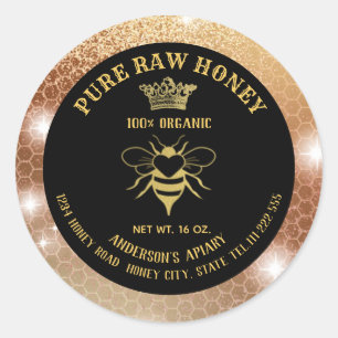 Pegatina Redonda Frasco de miel de abeja dorada con brillo moderno