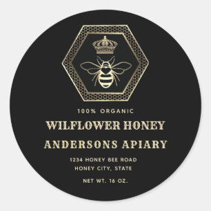 Pegatina Redonda Frasco de miel de abeja dorada elegante vintage