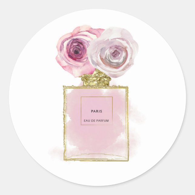 Pegatina Redonda Frasco de perfume de moda floral rosas rosadas gla (Anverso)