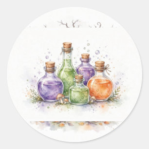 Pegatina Redonda Frascos de Poción de Bruja Acuarela Sticker