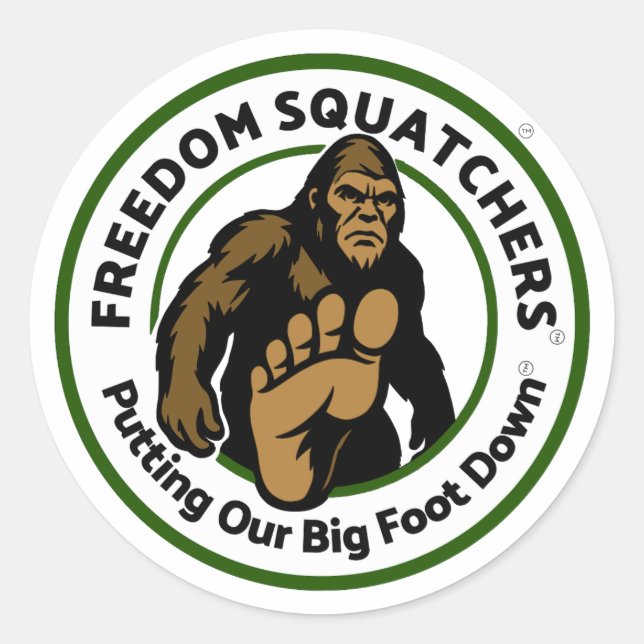 Pegatina Redonda Freedom Squatchers "Big Foot Down" Round Sticker (Anverso)