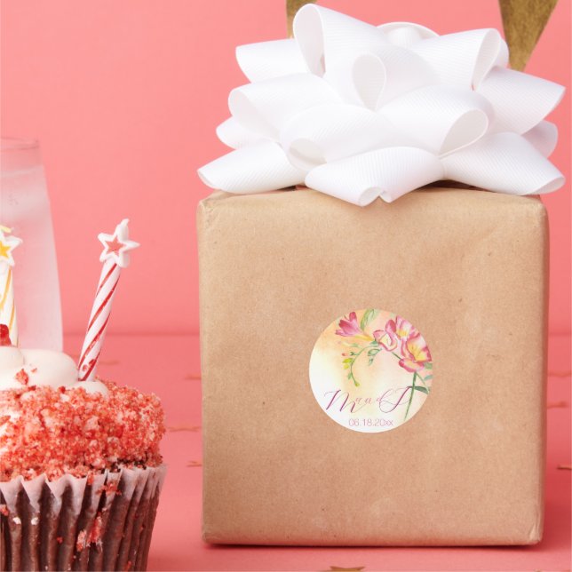 Pegatina Redonda Freesia de acuarela tropical (Fiesta)