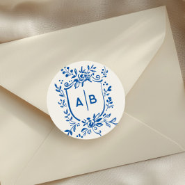 Pegatina Redonda French Blue Botanical Crest Wedding Monogram