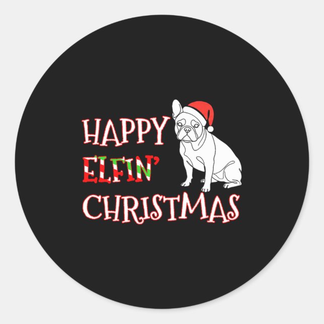 Pegatina Redonda French Bulldog Funny Santa Hat Happy Elfin Christm (Anverso)