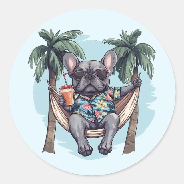 Pegatina Redonda French Bulldog In Hawaiian Top (Anverso)