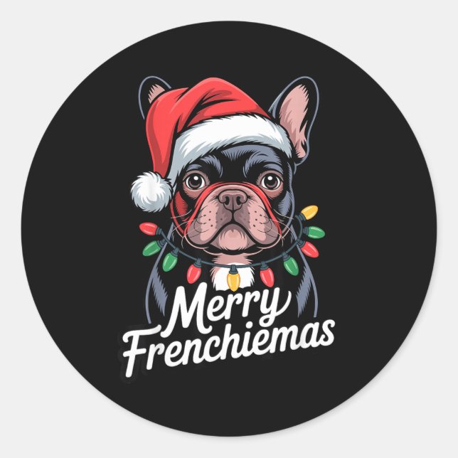 Pegatina Redonda French Bulldog Merry Frenchiemas Santa Hat Christm (Anverso)